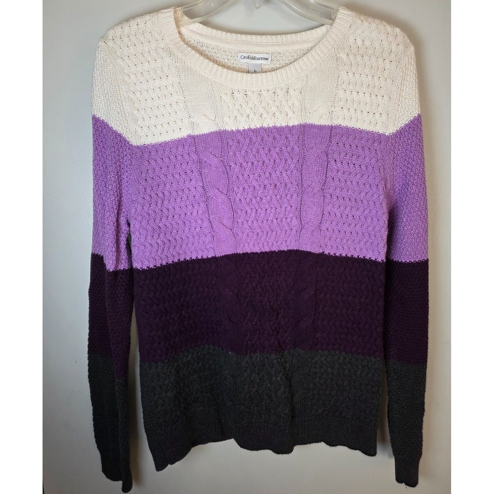 Croft & Barrow Cable Knit Sweater Fisherman Size L Purple Preppy Cozy Fall Warm